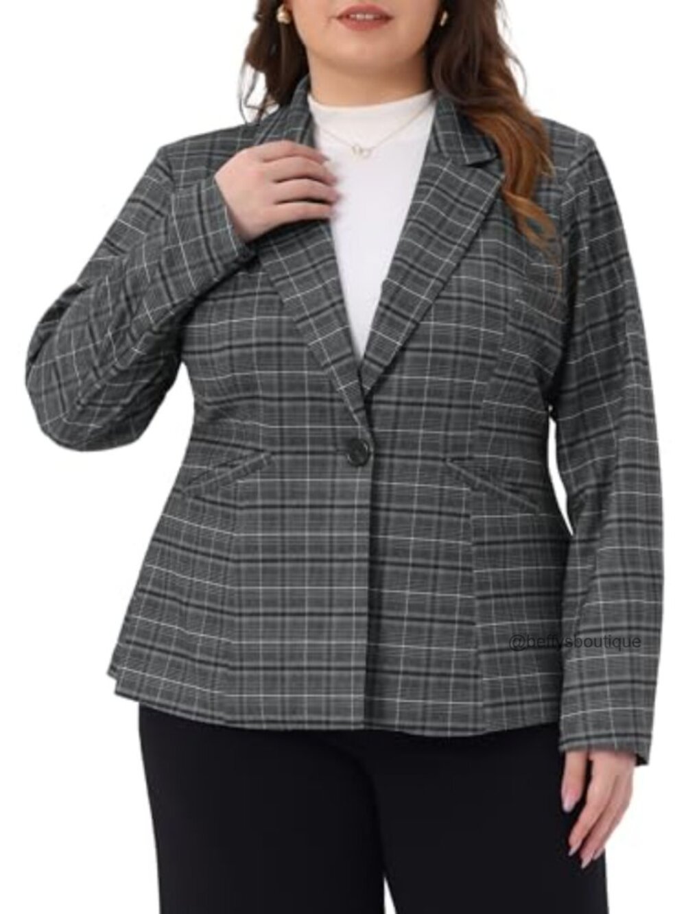 Plus Size Plaid Notched Lapel Button Jacket with Pockets Business Casual Blazer
